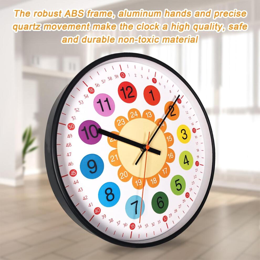 Wall Clock for Children Silent Modern Learning Clock 12 Inch Non-Ticking Design for Boys Girls Bedroom Kitchen Living Room