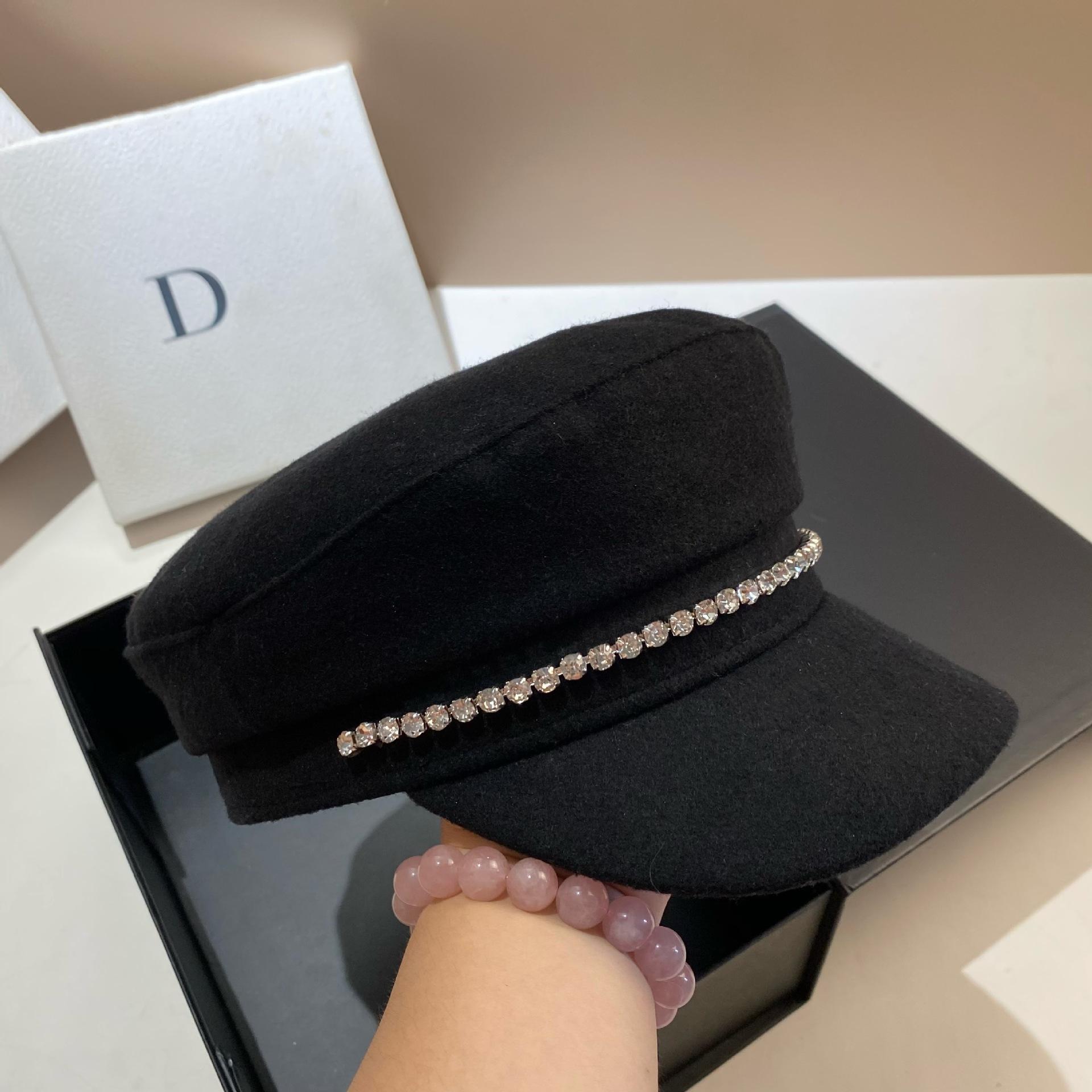 

Woolen King Navy Hat Edition Encrypted Rhinestone Celebrity Newsboy Hat Versatile Black Hat adjustable