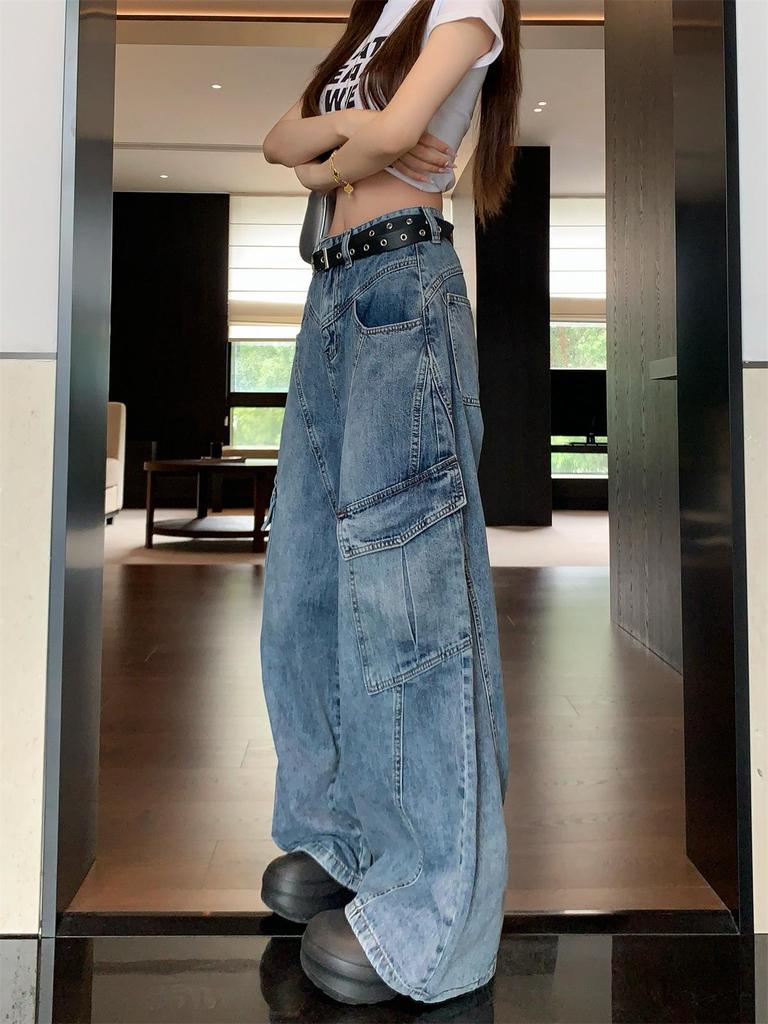 Summer 2025 Women's Retro Patchwork Wide-Leg High-Waisted Cargo Jeans