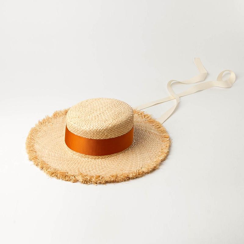 European and American spring and summer new models with straps, hand-woven thickened edged raffia flat top hat, sunshade beach raffia straw hat