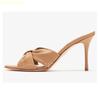 Pointed-Toe Slippers Bow-Knot Shallow Slip On Thin Heel Summer Sandals Gold/apricot Leather Women 2025 New Slides