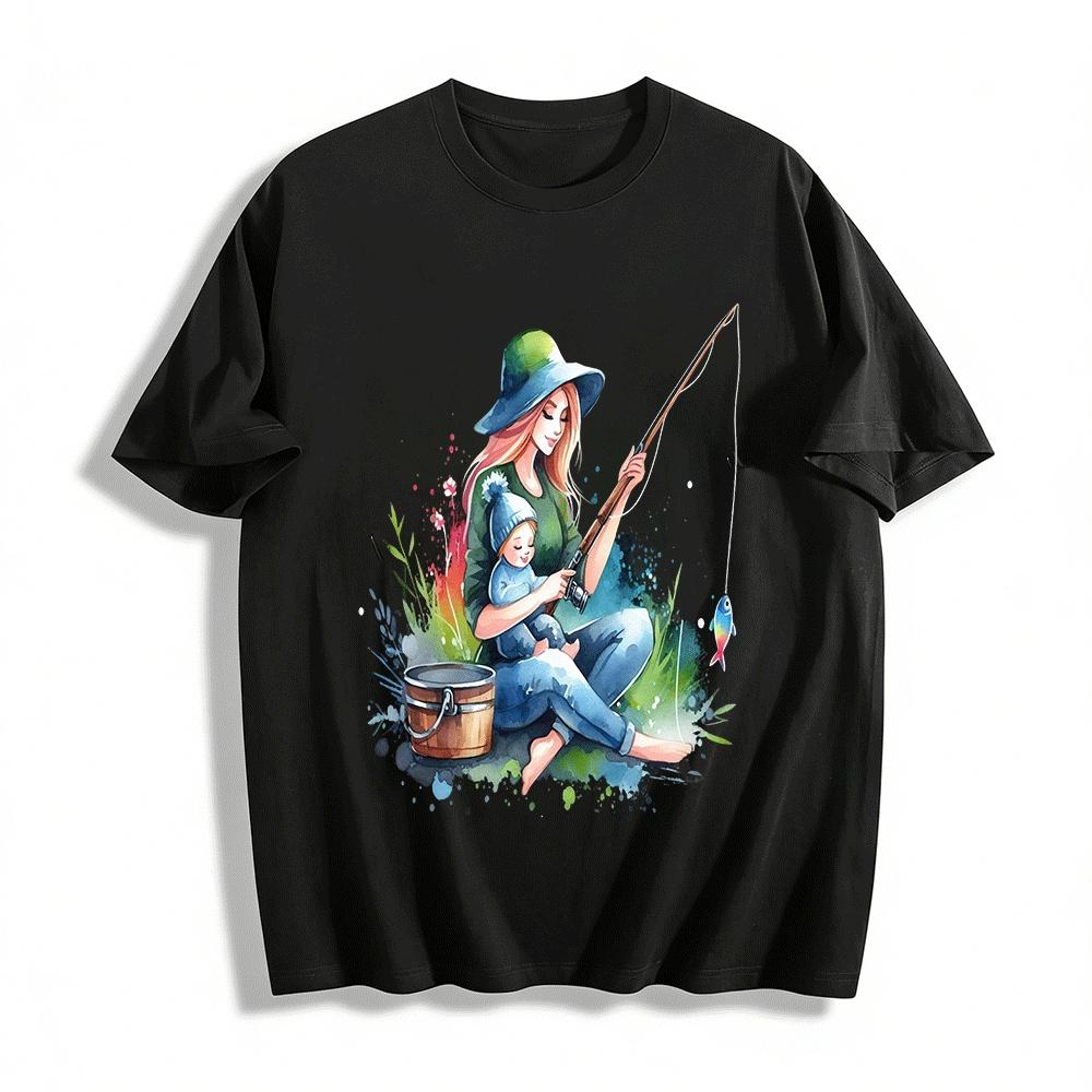 Watercolor Style Parent-child Fishing Time Print Casual Top Pure cotton T-shirt XXS