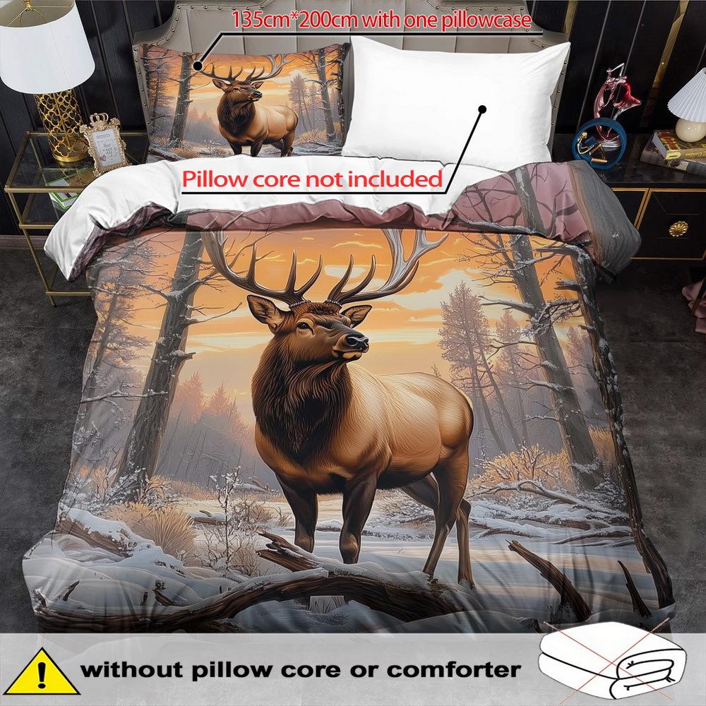 Elk Theme Down Comforter Cover Set - 2/3Pcs Soft Comfortable Breathable Fantasy Animal Pattern Printed Bedding Set