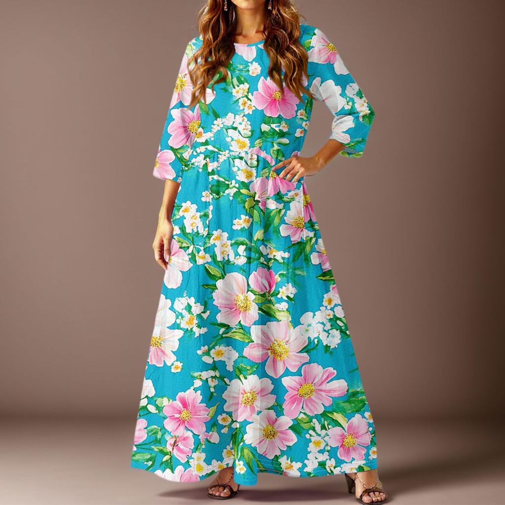 Damen Freizeitmode Blumenmuster Dreiviertelarm Langes Kleid mit Taschen