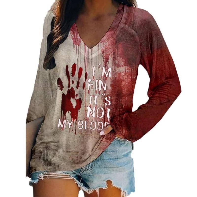 Halloween Mode Blutiger Buchstabe 3D-Druck Grafik Langarm-T-Shirt Lässiges V-Ausschnitt-Oberteil Polyester Atmungsaktiv