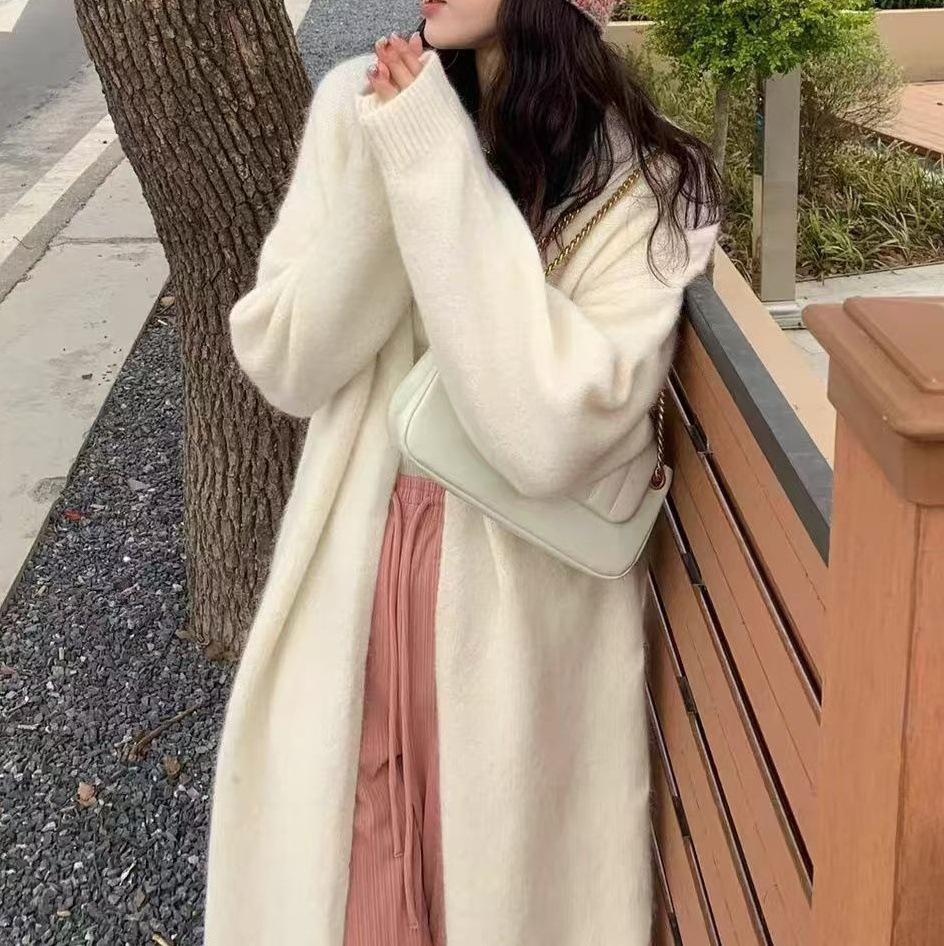 YUNSHU Korean Style Loose Knit Cardigan - Women's Medium To Long Lazy Fit Sweater for Spring and Autumn