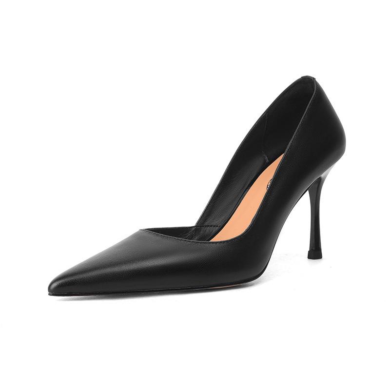 

All leather inside and outside 2025 new shallow high heels women s thin heels sexy pointed temperament black commuter leather single shoes 39 чёрный