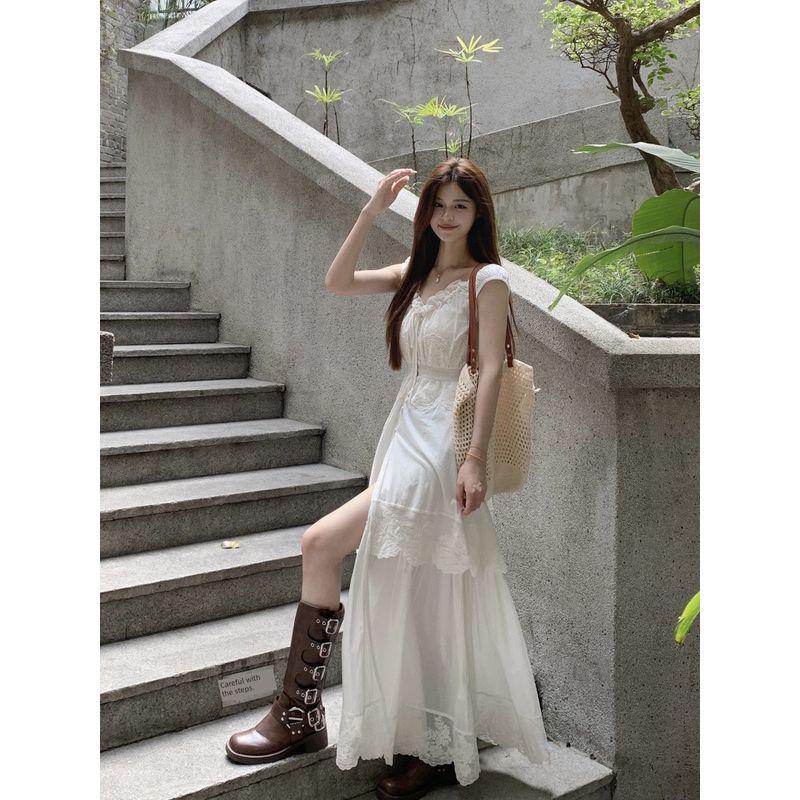 Kumikumi Sweet Style Lace Stitching Embroidery V-neck Dress Women Summer Temperament Waist Hugging Slimming Long Skirt