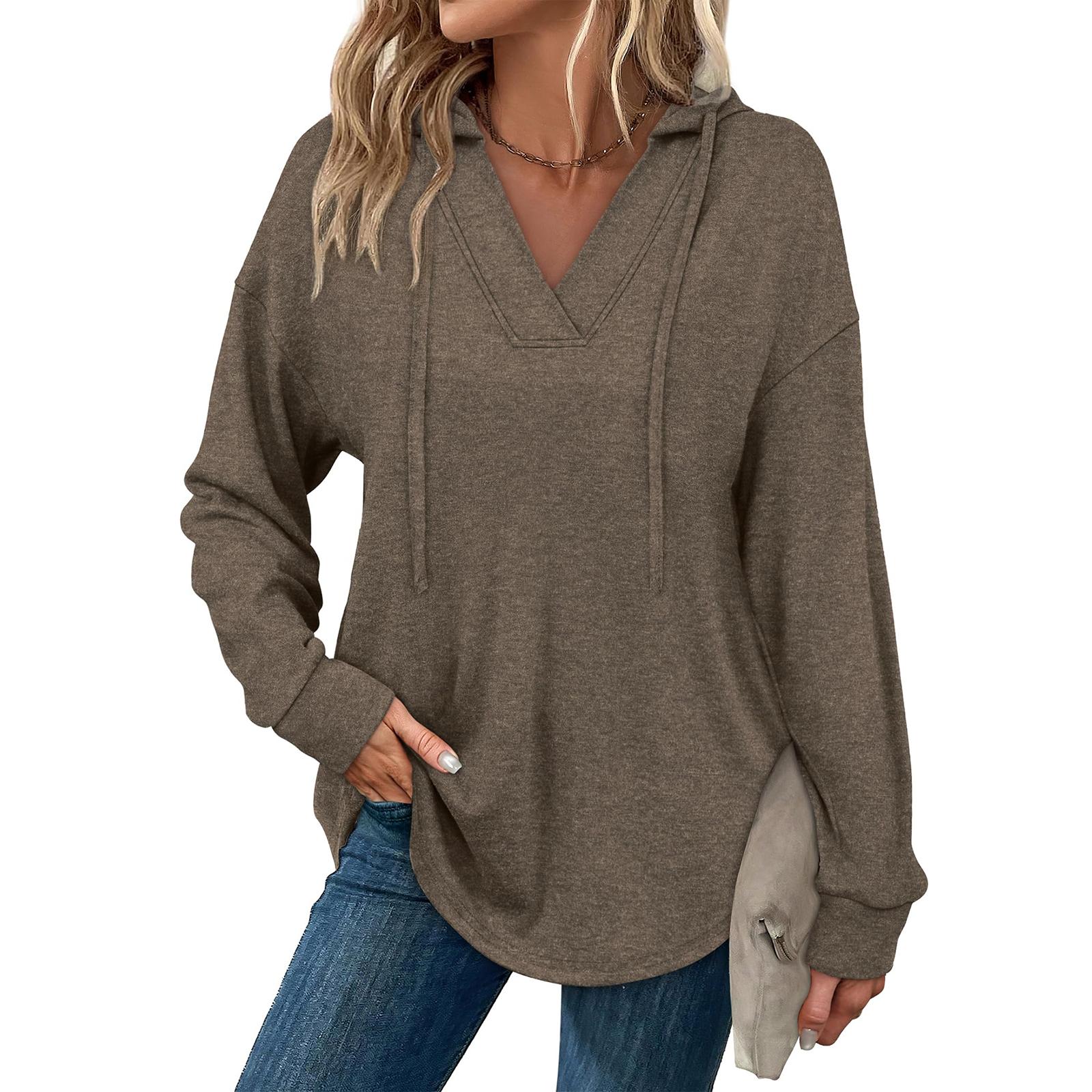 

Women s Fashion Solid-Color Long-Sleeve Hooded V-Neck Casual Sweatshirt Top L кофейный
