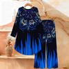 Floral Print Print Two Piece Outfit Women Long Sleeve Irregular Hem Tunic Top Wide Leg Pants Casual Matching Set