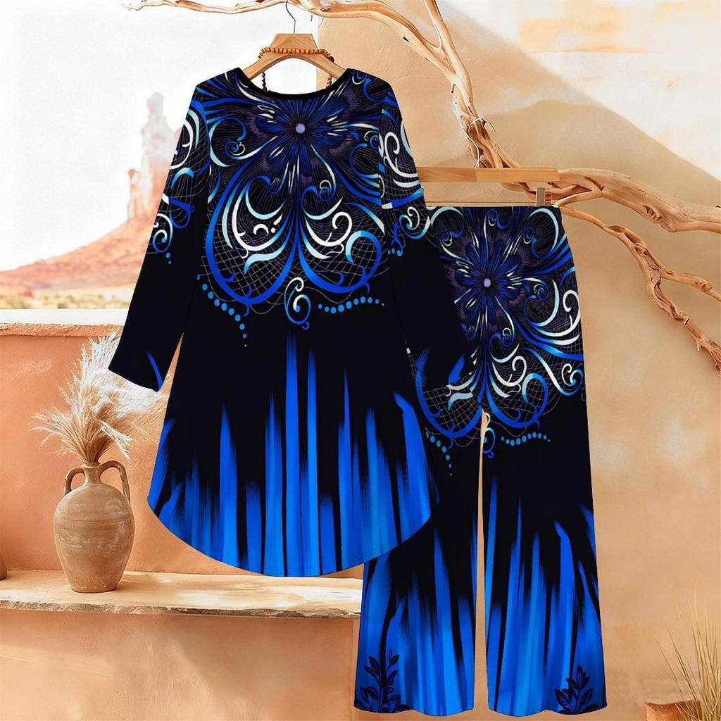Floral Print Print Two Piece Outfit Women Long Sleeve Irregular Hem Tunic Top Wide Leg Pants Casual Matching Set
