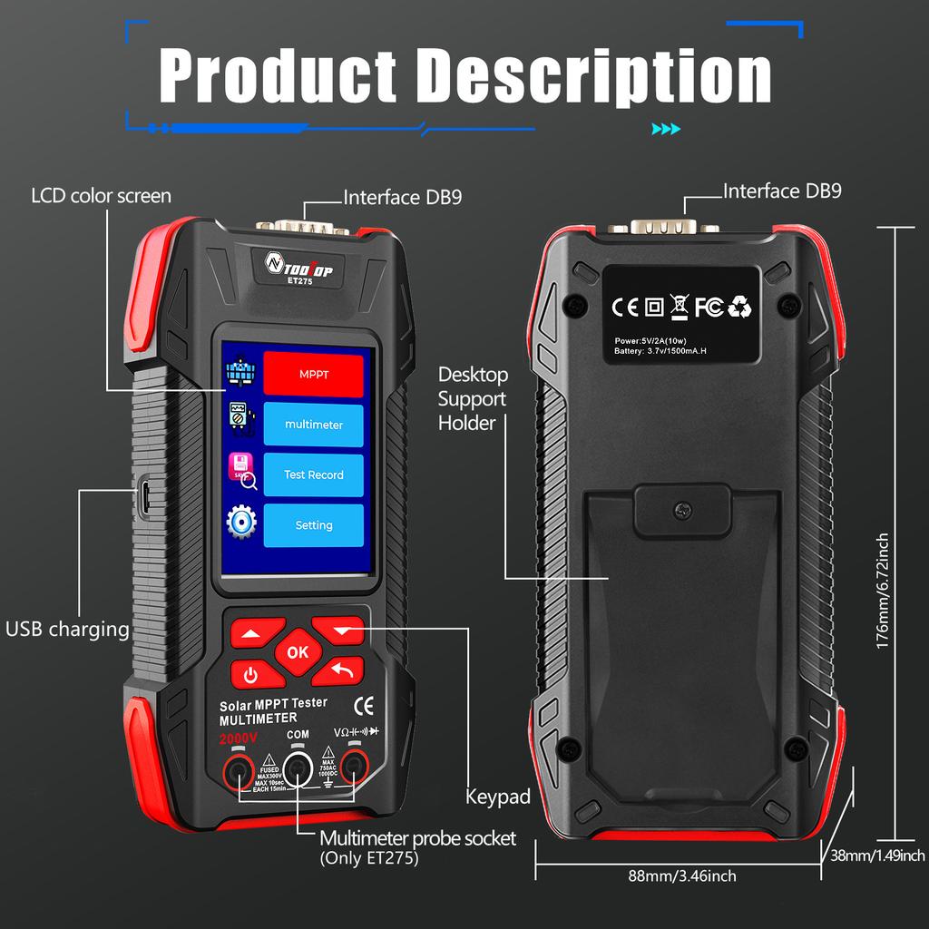 2000W Solar Power Meter with Protection Function Multimeter Solar Panel MPPT Tester 2KV 60000 Counts for Photovoltaic Testing