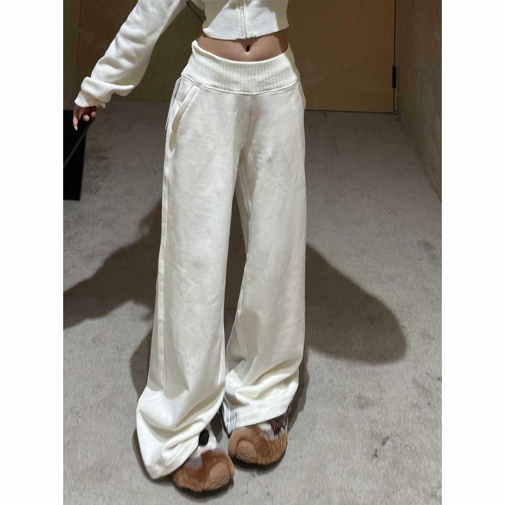 Beige Straight Leg Women's Sweatpants with Zippered Pockets - Spring/Autumn Wide Leg Casual Pants