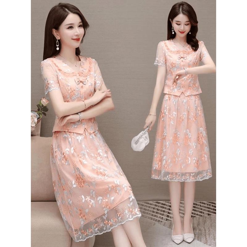 La Chapelle Embroidered Cheongsam A-Line Dress Two-Piece Set M