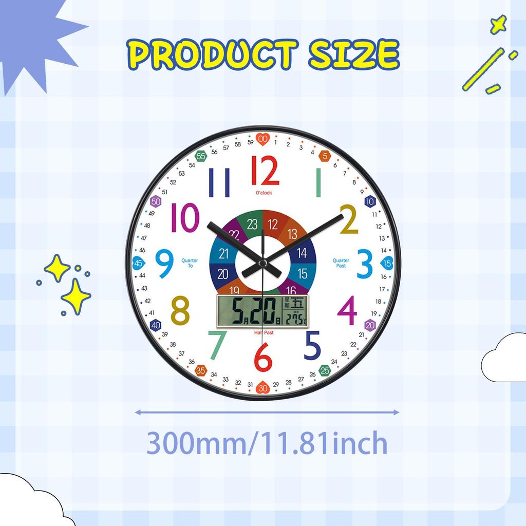 Learning Clock for Kids 12 Inch for Boys and Girls Room School Kids Room