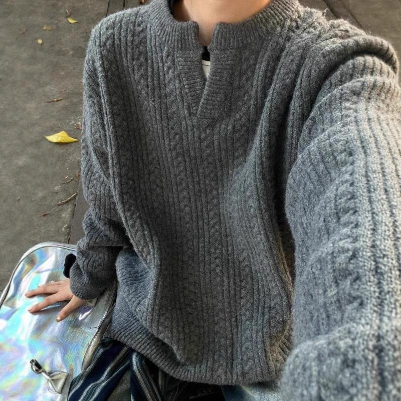 

Trendy brand American retro twist sweater men s winter high-end sense inside stacked wearing Henry v-neck knitted bottoming shirt 3XL темно-сірий