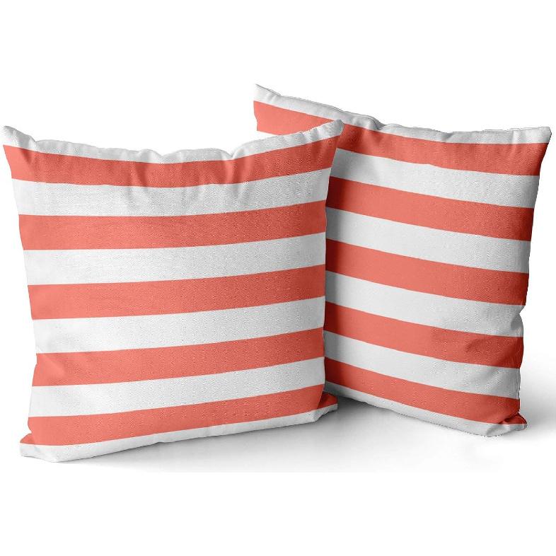 Home Set of 2 Pillow Case White Coral Nautical Stripes Outdoor Throw Pillow Covers Cushion Decorative Pillowcase Square 16 x 16 Inches