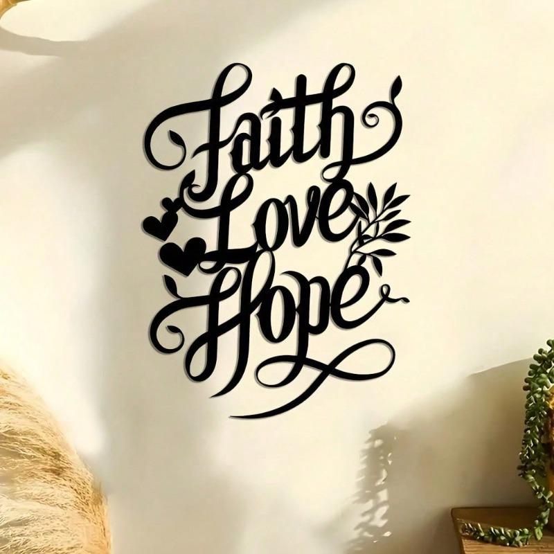 Faith Love Hope Metal Wall Art Black Iron Typography Floral Accent Home Decor Gift