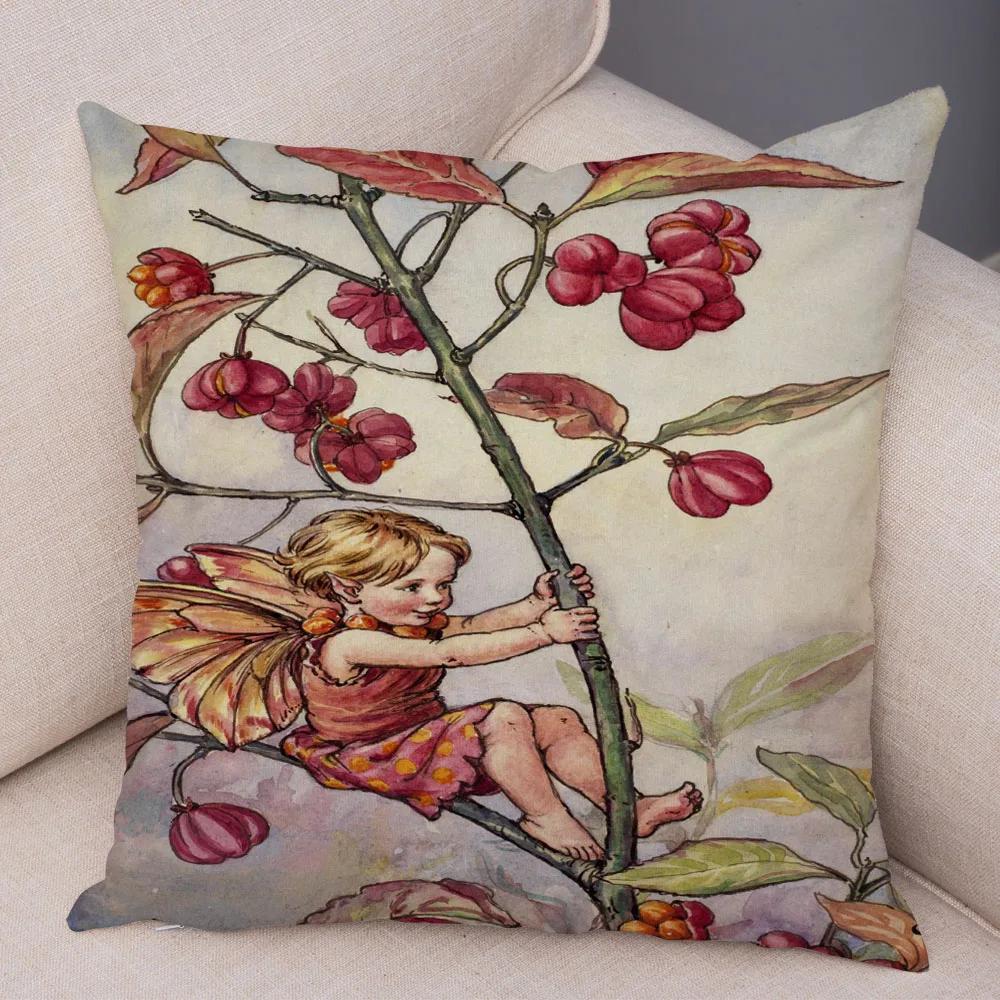 Vintage Cartoon Elfen Kissenbezug Dekor Bunte Märchenwelt Kissenbezug Plüsch Blumenmädchen Kissenbezug für Sofa Zuhause