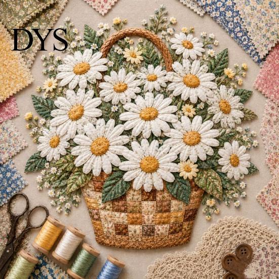 Gør-det-selv Stofhåndværksaktiviteter Blomsterkurv Patchwork Sæt, Lagdelte Blomster Håndarbejde Håndlavede Kunstmaterialer 3D Blomster Syprojekt til Voksne, Gaveidé