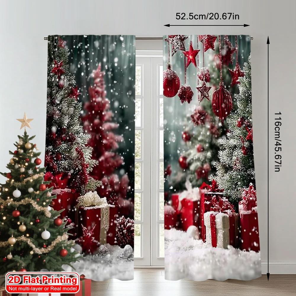 2pcs 2D flat printing Christmas Party Curtain Green Pine Trees_ and Red Gift Machine Washable Fabric Without Electricity