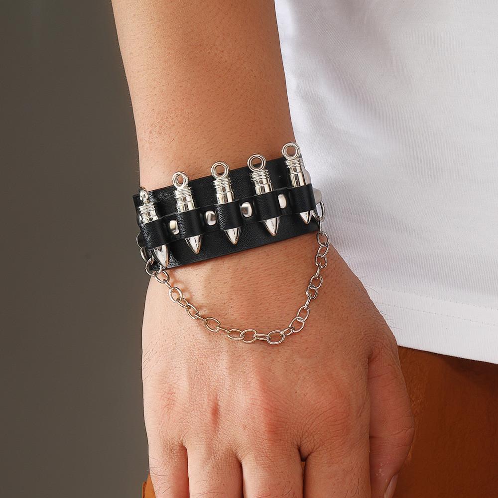 Gothic Skeleton And Bullet Design Neutral Chain Leather Handpiece For Halloween Accessories Summer