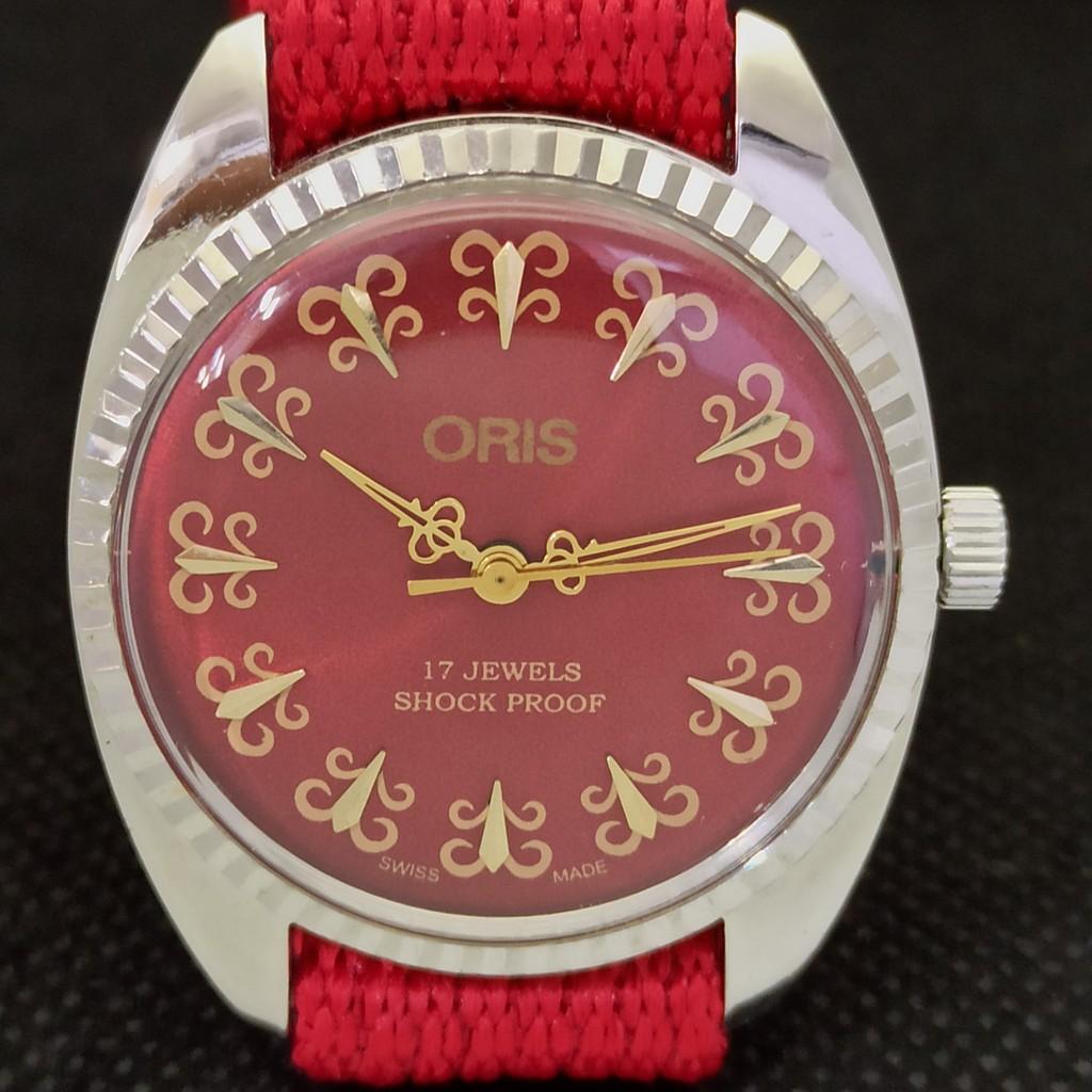 VINTAGE ORIS WINDING SWISS REFURBISHED MENS WRIST RED WATCH 558c-a297202-1