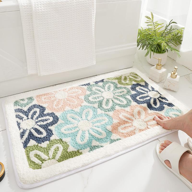 Honlaker Green Leaves Flocking Bath Mat Non-slip Absorbent Microfiber Bathroom Rug Home Entrance Door Mat Super Soft Bath Carpet