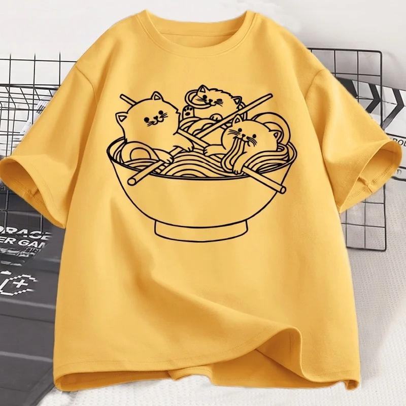Camiseta Gato Estilo Japonês Ramen Algodão Manga Curta Kawaii Anime Camiseta Ramen Gatinho Camisetas Gráficas Camiseta Bonita de Comida Roupas