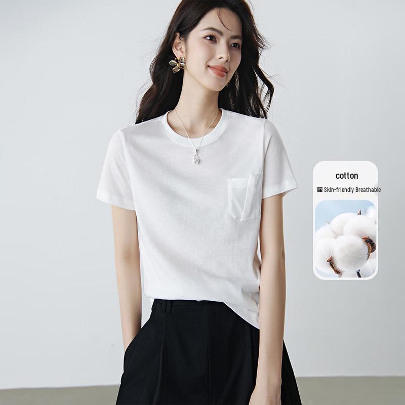 Women s Simple Round Neck Short Sleeve Cotton Blend T-Shirt L белый
