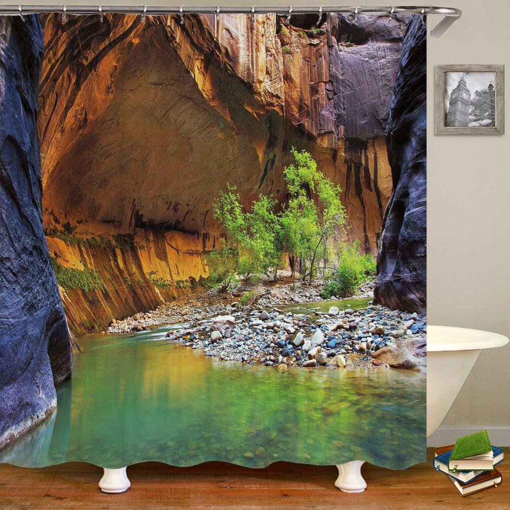 3D Shower Curtain Nature Forest Waterfall Landscape Bathroom Curtains Waterproof Fabric With Hooks Home Decoration Bath Curtain