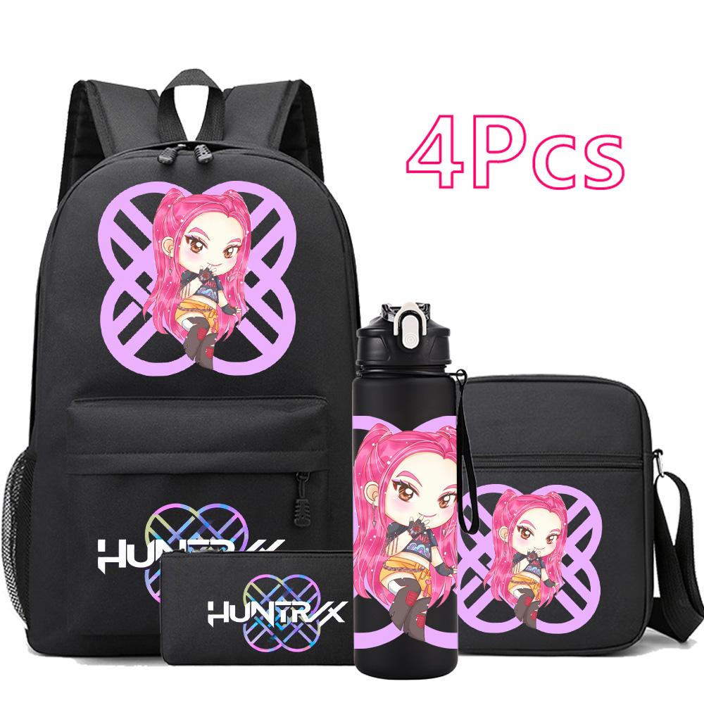 4Pcs/set Cartoon K-pop Printed Backpack Large Capacity Bookbag Shoulder Bag Case Bag with 750ml Water Bottler Boy Girl School Bag Kid Gift