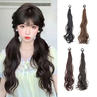 2PC Synthetic Rubber Band Ponytail Sweet Woman Black Slightly Curly Ponytail Extension Long Heat-resistant Wig   Hair Pieces