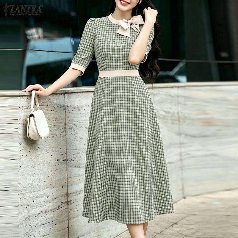 ZANZEA Rochie casual elegantă pentru femei, cu gât rotund, mânecă 3/4 și imprimeu în carouri
