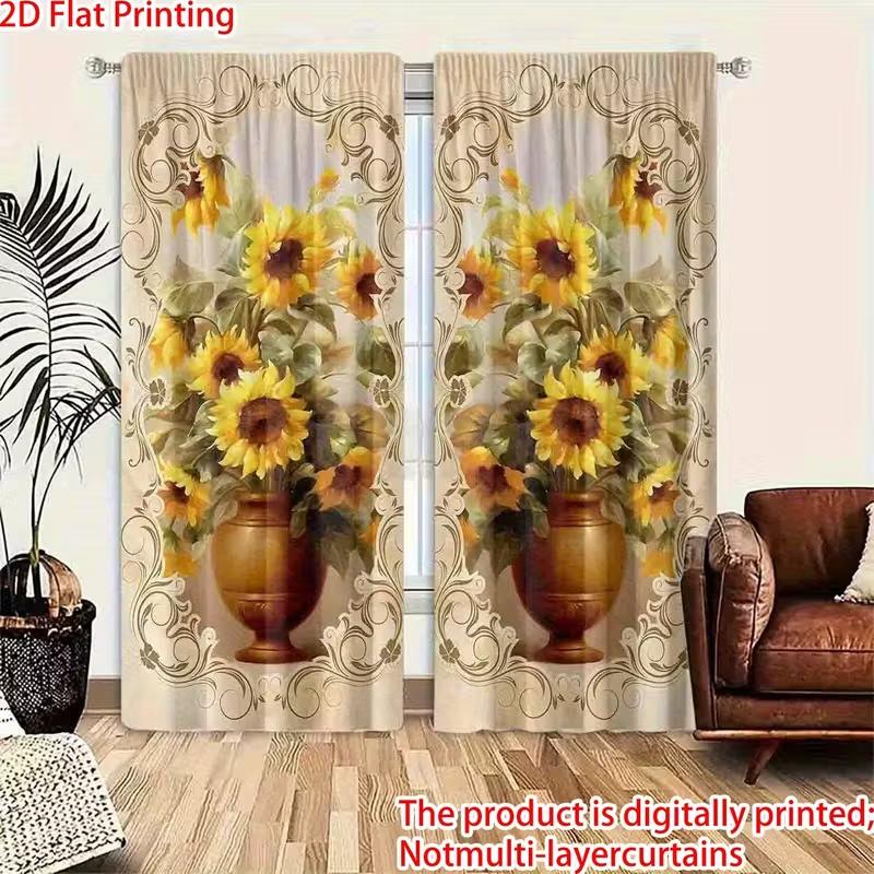 Vibrant Vase Sunflower Curtains Digital Print Privacy Polyester Living Bedroom Window Vintage Home Curtain Set Of 2 Farmhouse Made With Rod Pocket