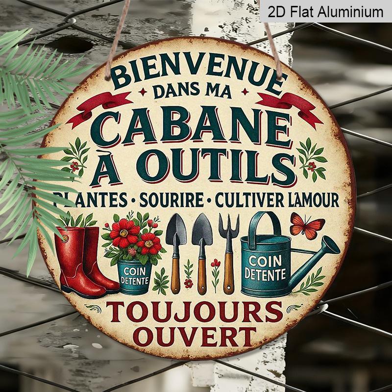 2D Flat, 1pc 7.87x7.87 Inch Round French Aluminum Sign, Vintage Decorative Plaque with "Welcome To My Tool Shed" Design, Garden Decor Sign, Suitable