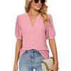 Summer Women's T-shirt Casual V-neck Solid Color Hollowed Out Bubble Sleeve Loose T-shirt Tops Female