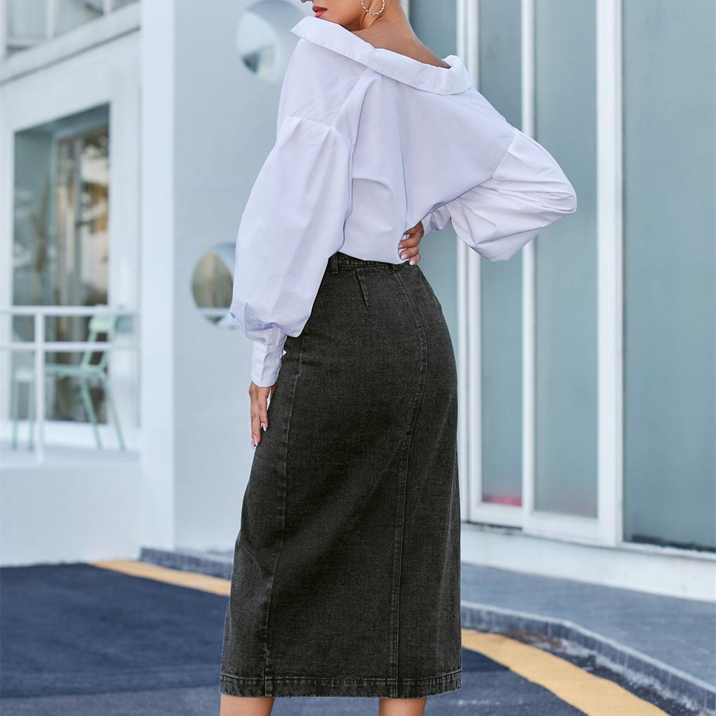 Mote DameDenimskjørt Knappelukking Splitt Høyt liv Halvlang Kjole