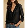 European and American Women's Clothing, New Long-sleeved V-neck Ruffle Edge Solid Color Temperament Elegant Slim-fitting Versatile Top