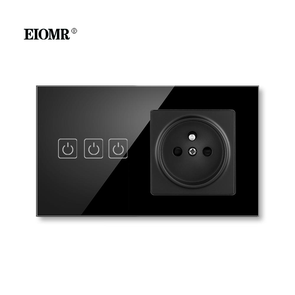 EIOMR France Touch Sensor Switch with Socket Crystal Glass Panel 110~250V 16A Wall Socket with Light Switch Home Improvement