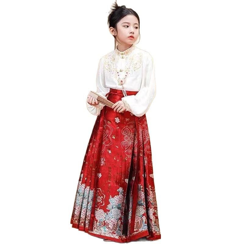 Children's Hanfu Set: Women's Mian Skirt with Embroidered Shirt, 2025 Tang Suit Style.