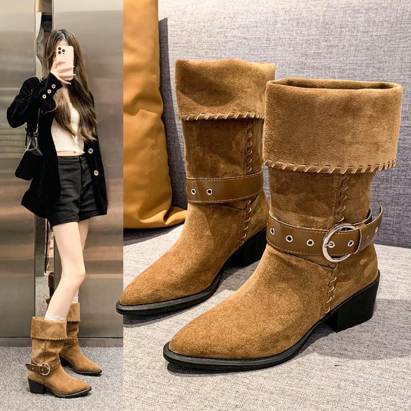 Women's fall and winter belt buckle chunky heel lightweight outdoor hiking mountaineering non-slip sports casual single stirrup not tired feet boots