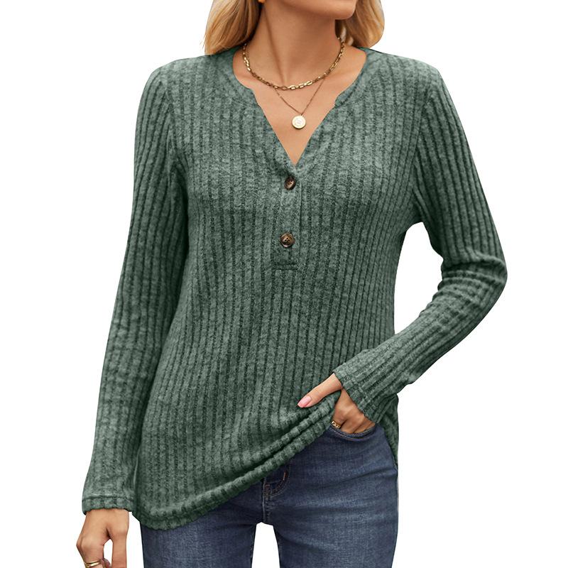 Autumn Women's Knitwear Solid Colour Pit Stripe Brushed Half Placket Button Up Long Sleeve Top