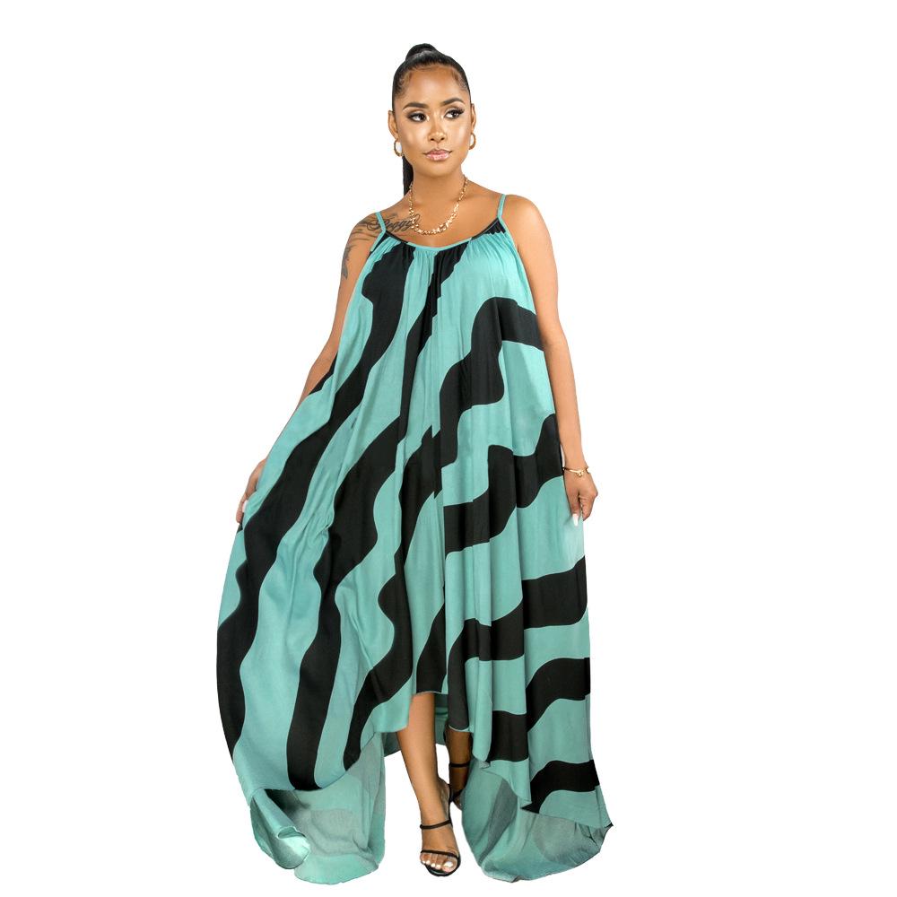 H153 Europäisches Sexy Damen Maxikleid mit unregelmäßigem Print und Spaghettiträgern
