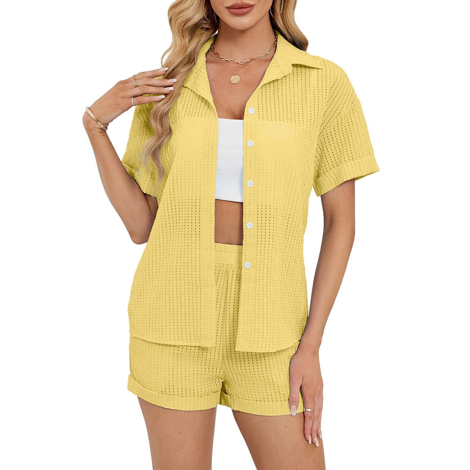 

Женская повседневная однотонная рубашка с короткими рукавами, топы, шорты, домашняя одежда, комплект из двух предметов XL жёлтый