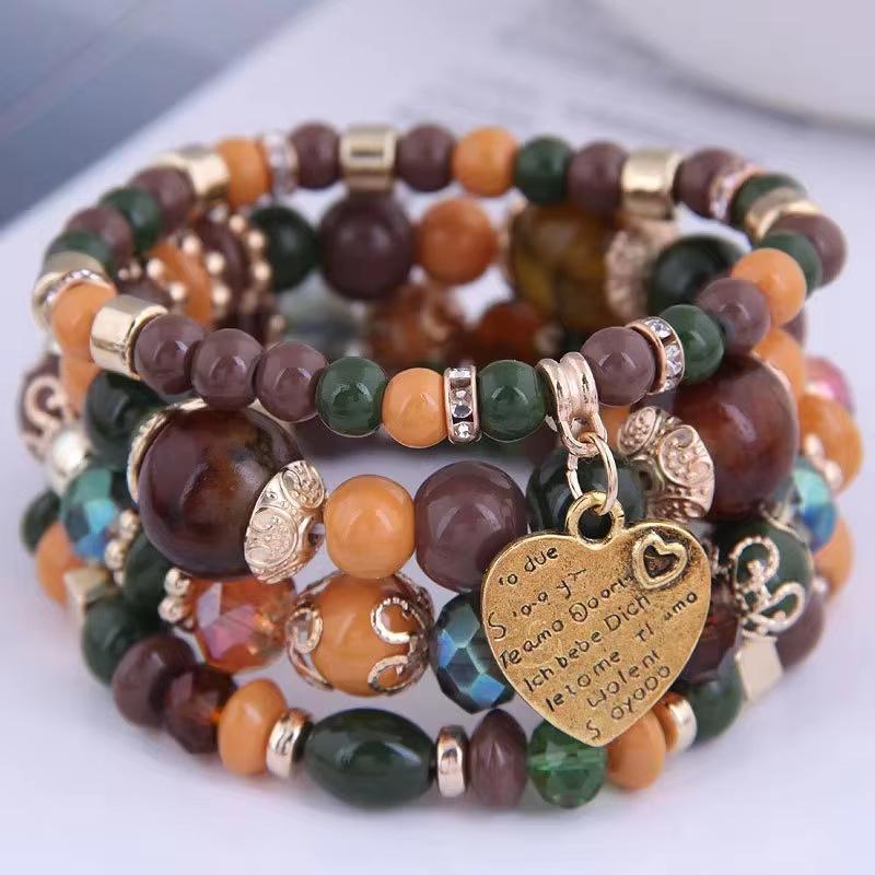 Bohemian-style Bracelet Set with A Fashionable Heart-shaped Pendant; Ethnic-style Multi-layered Crystal Elastic Bracelet