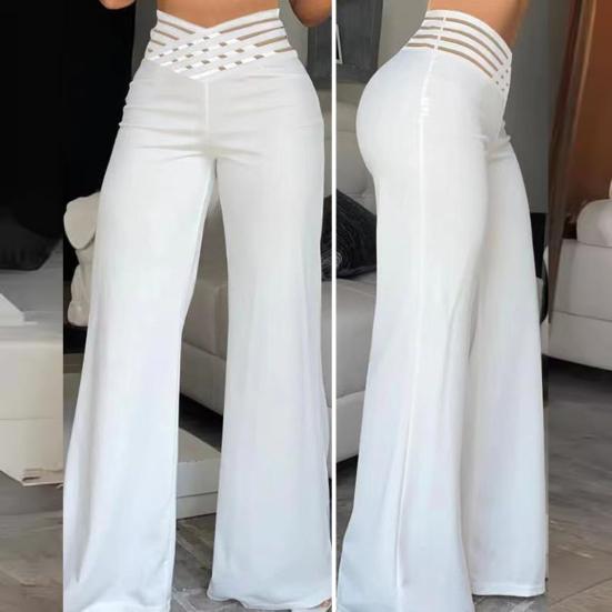 Women High Waist Long Pants Hollow Elastic Waistband Wide Leg Casual Trousers Solid Color Loose Fit Trousers
