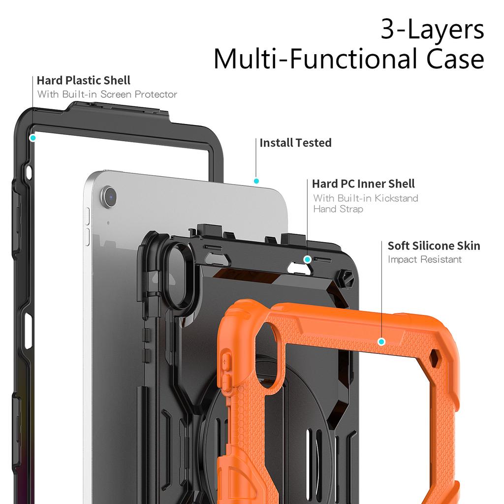 For IPad 10th Generation Case 10.9 Inch , Military Grade Shockproof Protector Silicone Cover Pencil Holder+Handle Shoulder Strap
