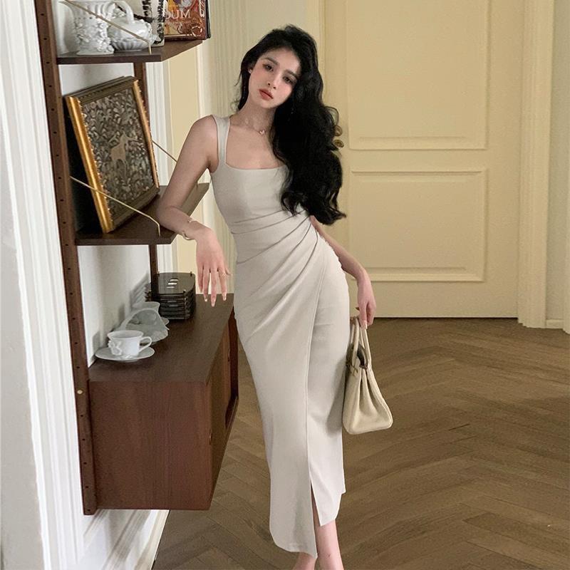 

«Элегантное легкое платье с французским квадратным воротником и разрезом» XL грязно-белый