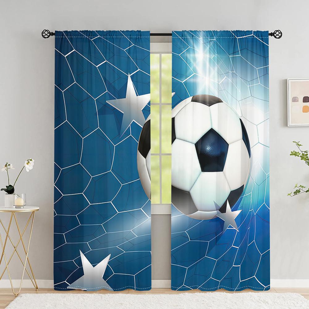 2Pcs Sports Theme Curtains Soccer Star Pattern Living Room Bedroom Study Sunshade Blue Net Background Decor Curtains
